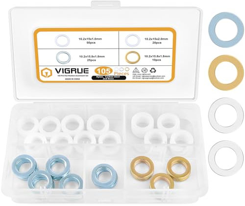 VIGRUE 105 PCS Fitschenringe Sortiment Set, Fitschenringe von schleifenden Türen, Unterlegscheiben tür Ø10,20 x 15 x 1mm /Ø10,20 x 15 x 2mm/Ø10,20x 15.8 x 1.8mm, Massivem Messing, Verzinkt, Kunststoff