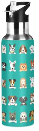 Yopersonalizes Insulated Water Bottle with Straw 600 ml/20 oz Cartoon Dog Design Stainless Steel Sports Water Bottles Leakproof Hot Cold Metal Drink Flask for Travel Gym