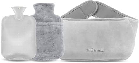 Behiruch 3 en 1 Bouillotte eau Chaude, Regles Douloureuses, 1.2 L Bouillotte Ceinture avec Housse en Peluche Douce, Bouillotte Peluche Ventre pour Chauffe Main Ventre Cou (Gris)