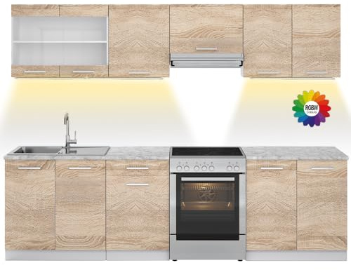 Vicco Küchenzeile R-Line, Sonoma/Weiß 270 cm | AP Marmor mit LED-Leisten, mit variabel stellbaren Modulen und höhenverstellbaren Füßen