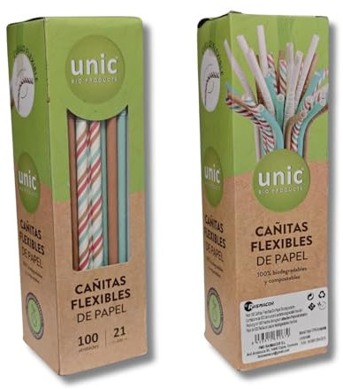 RASMACOR | Pajitas Flexibles de papel multicolor | Paquete de 100 pajitas | 100% biodegradable y compostables, sin plástico, ecológico | cañitas fuertes y resistentes