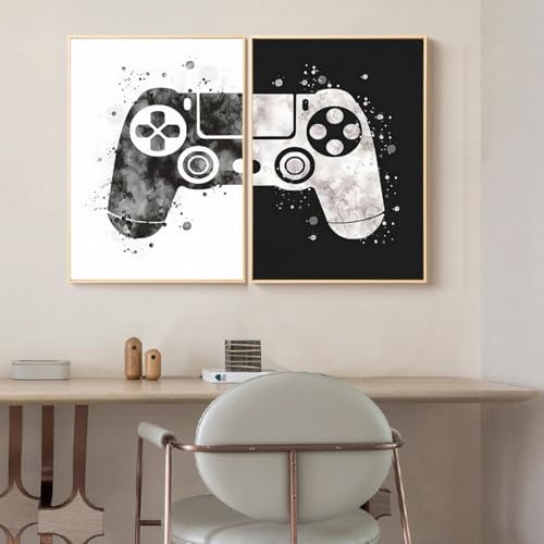 BNREDA Moderne Gamepad Wandbild Schwarz Weiß Gamepad Wandbilder Spiel Print Poster Joystick Wandbild für Wohnzimmer Kinderzimmer Dekor-Rahmenlos (A, 50x70cm*2)