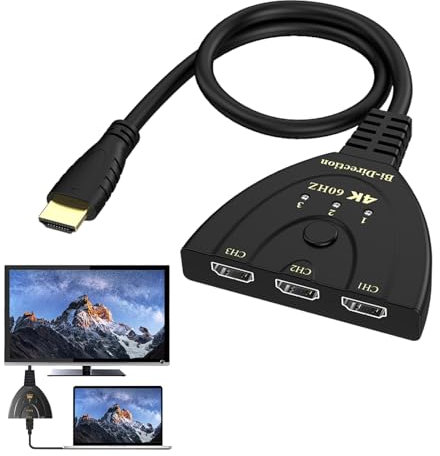 Switch HDMI 4K,Switch HDMI 3 Ports Splitter,HDMI 3 en 1 Out HDMI Switch Répartiteur,Prend en Charge la qualité d'image HD 4k60hz,Largement Compatible avec Divers appareils HDMI