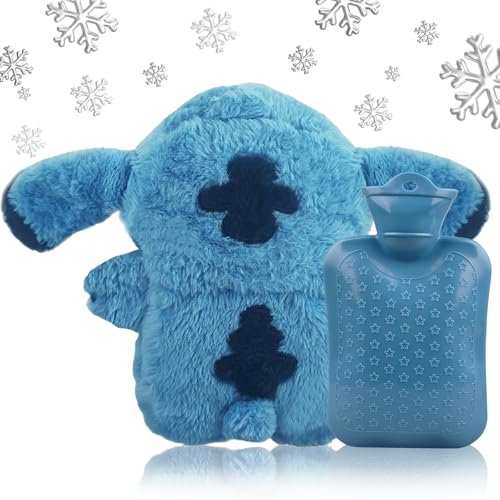 Powmag Bolsa de agua caliente con dibujos animados, diseño de dibujos animados, color azul, kawaii, bolsa de agua caliente para niños, para cumpleaños y regalos para niñas y niños, familia