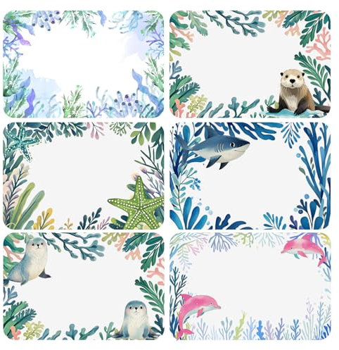 Namensschilder mit Meerestieren, Wasserfarben, Meerestiere, Aufkleber, Hello My Name is, Aufkleber, niedlicher Hai, Namensschild, Aufkleber für Schließfach, Kleidung, Schule, Klassenzimmer,