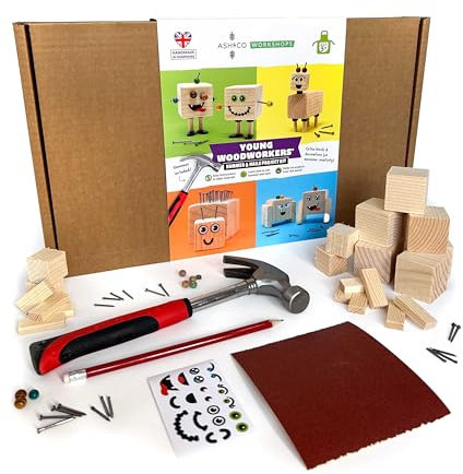 Ash & Co Woodworking Kit for Kids | Carpentry Set for Children | Learn How to use Hammer and Nails | Woodwork Project Kits with Video tutorials | Tools Included