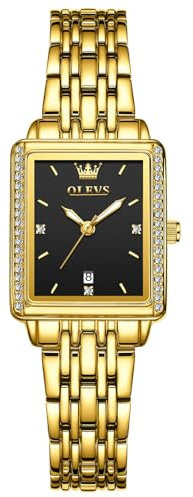 OLEVS Gold Uhren Frauen Metallarmband Moderne Eckig Edelstahl Uhr Damen Analog Kleid Klein Damenuhr Schwarz Zifferblatt Leuchtend Wasserdicht Damen Armbanduhr mit Datum Geschenke für Frauen