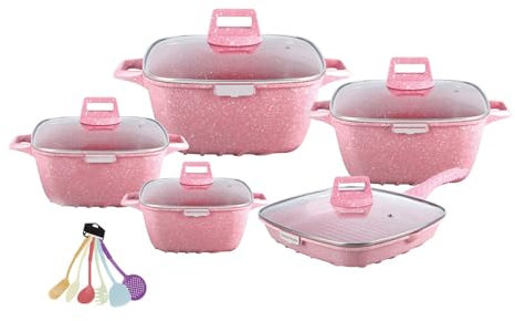 HJZSZX Töpfe und Aufläufe aus Aluminiumguss, Beat-Set, antihaftbeschichtete Fritteuse, Bratpfannen, Kochgeschirr, Gasherd, 17-teilig, Pink, 17-tlg.