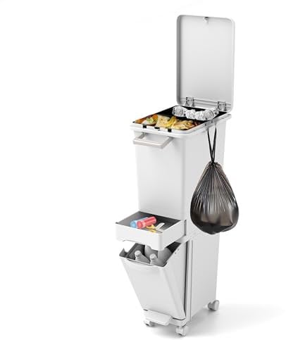 GIANTEX Cubo de Basura Estrecho 3 en 1 con Ruedas, con 2 Compartimentos Extraíbles, Cajón Pequeño y Contenedor Inclinable, Bote de Basura con Gancho Laterales y Asa, Papelera de Reciclaje de Cocina