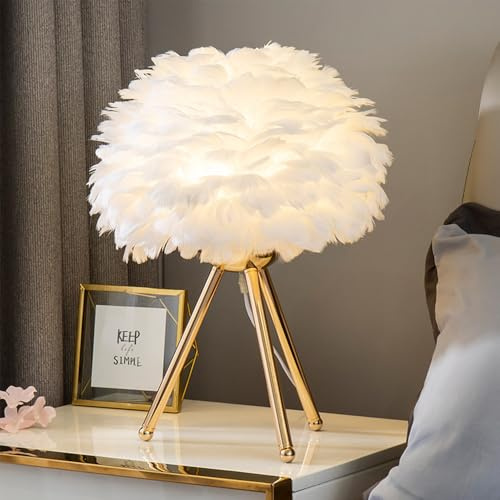 Mengjay Lampe de table en plumes,E27 Lampe de chevet avec abat-jour de bureau en plumes à Base Dorée à Trois Pieds,Veilleuse Éclairage De Table Pour Salon Chambre Décoration De La Maison (A)