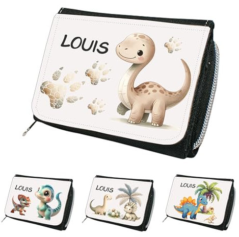 Kindergeldbeutel mit Namen Dinosaurier – Portemonnaie Kinder Jungen Mädchen – Kinderportmonee mit T-Rex, Triceratops & Dinos – personalisierte Geschenke – Geldbeutel Kinder mit Reißverschluss