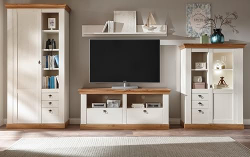 Furn.Design Wohnwand in weiß Pinie und Eiche Wotan Landhaus Schrankwand 4-teilig 376 x 204 cm, Hemsby