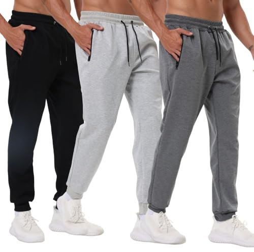Bsrpolry 3 Pack Mens Athletic Sweatpants with Zip Pockets,Workout Gym Sweat Pants for Men Running Jogging Pants Black Dark Grey Light Grey L