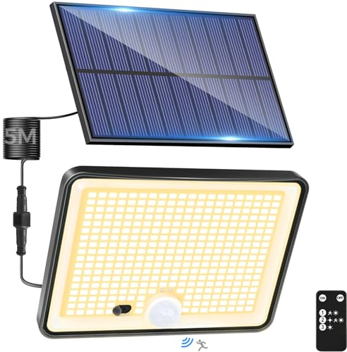 LOTMOS Solar Lights Outdoor, 342LED Remote Solar Security Lights Outdoor Motion Sensor, 3 Modes Garden Light Solar Powered Waterproof Pir Flood Lighting for Yard Shed Garage Outside, Warm White