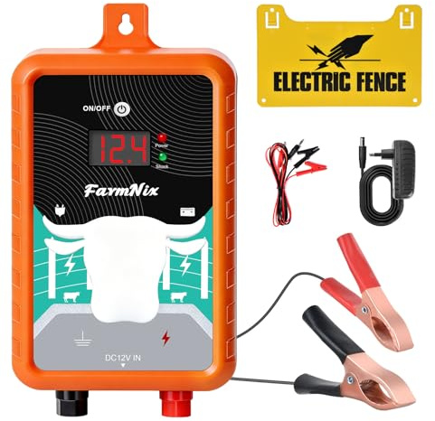 FarmNix Weidezaungerät 12KV 4J, Elektrozaun Ladegerät mit 24KM Reichweite | für Weide & Garten - Wetterfest mit Netz, 12V Batterie & Solar Option, hält Rinder, Pferde, Schafe, Wildschwein fern