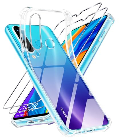 Niokfrci Cover per Huawei P30 Lite con 2 Pezzi Pellicola Vetro Temperato, Custodia Antiurto Sottile Bumper Trasparente Morbida in Silicone TPU, Anti-Graffio Chiaro Militare Case per Huawei P30 Lite