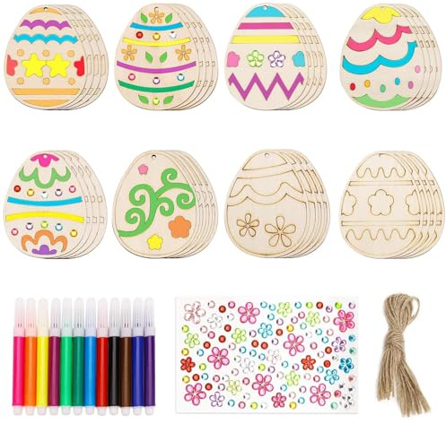 Homtim 32 Pcs Wooden Easter Crafts Ornaments to Paint, 8 Styles DIY Blank Unfinished Wooden Easter Eggs Wood Easter Decorations for Arts and Crafts Hanging Decorations