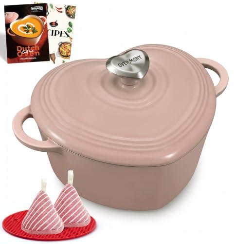 OVERMONT Cocotte a Cuore per Stufare in Ghisa Smaltata, 1,9 L,Rosa Balletto | Con coperchio e ricettario; ideale per cuocere al forno, brasare e arrostire; elegante regalo per matrimoni e feste.