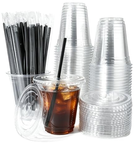 Lekeeu 50 Pezzi Bicchieri di Plastica Trasparenti con Coperchio 400ml Bicchiere da Caffè in Plastica Riutilizzabile Bicchieri Extra Resistenti per Freddo Frappè Bevande Festa Catering