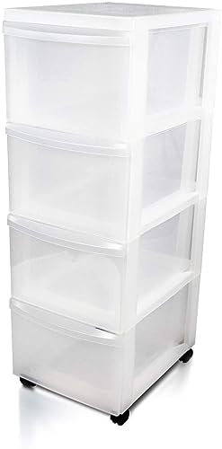 Iris Ohyama Kunststoff-Schubladenbox mit Rollen, 4 tiefen Schubladen, Mattweiß, Griffe zum Ziehen, Für Schlafzimmer, Bad, Schule & Büro, BPA-frei, Schubladenschrank, Rollcontainer, A4 Drawer, DC-304