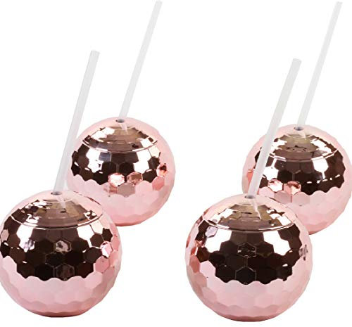 Andaz Press 1970s Disco Ball Cups 19 oz Drink Tumbler with Straw, Rose Gold Pink Champagne Copper, 4-Pack for Graduation Anniversary Bachelorette Party Disco Cups For Party Valentines Day Cup
