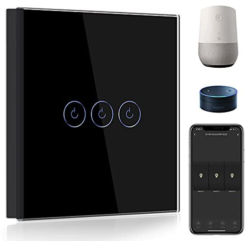 BSEED Smart Light Switch,Compatible with Alexa and Google Home,3 Gang 1 Way WiFi Touch Switch,2 Way or Multi-Way Control by SmartLife APP,Black Alexa Switch with LED Indicator Light-Neutral Wire Need