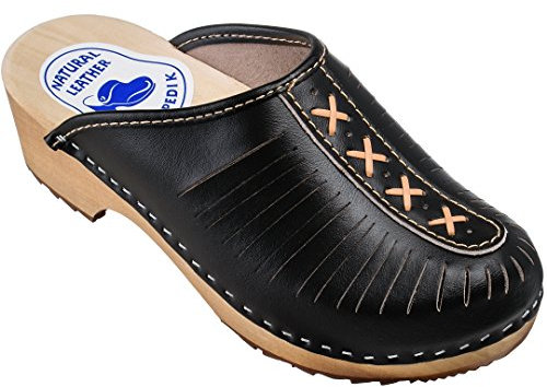 ESTRO Clogs Damen Holz Leder - Holzclogs Damen Clogs Leder Holzschuhe mit rutschfest Sohle CDL01 (38, CDL01 Onyx)