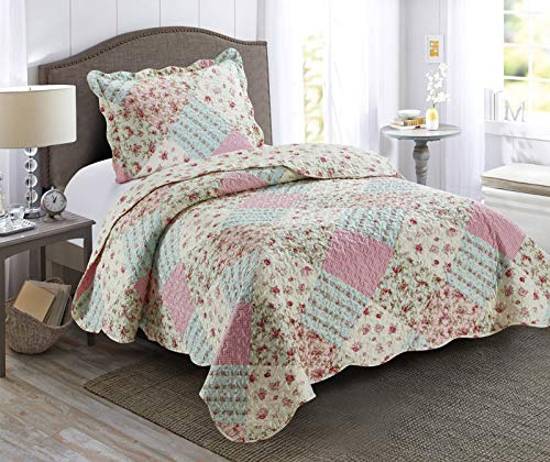 Brilliant Sunshine Pink and Green Rose Patchwork, 2-teiliges Steppdecken-Set mit 1 Kissenbezug, wendbare Tagesdecke, weiche, leichte Decke, für alle Jahreszeiten, Twin, Rosa Grün