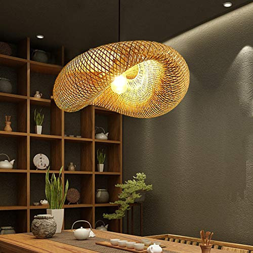 COCOL Retro Bambus Pendellampe Land Bambus Gewebte Lampe Handgewebte Hängelampe Bambus Rattan E27 Pendelleuchte Höhenverstellbare Villa Schlafzimmer Korridor Beleuchtung Dekoration Kronleuchter,50cm
