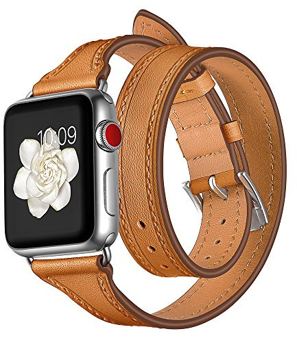 AISPORTS Compatible with Apple Watch Strap 42mm 41mm 40mm 38mm Leather, Soft Slim Double Tour Wrap Leather Sport Wristband Bracelet Replacement Strap for Apple Watch Series 10/9/8/7/6/5/4/3/2/1/SE