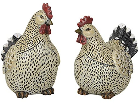 Posiwio Dekoset Deko-Hahn und Deko-Huhn, Polystone weiß-schwarz, Handbemalt, 2-er Set, Landhausstil, Haus und Garten