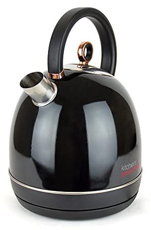 Kitchen Perfected Quiet Rapid Boil Domed Kettle - 3000w, 1.7 Litre, Removable Filter - Black Stainless Steel with Rose Gold Accents - E1625RG