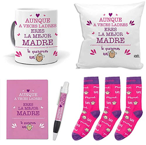 mundohuevo Mega Regalo Personalizado para Madres. Aunque a Veces ladres Eres la Mejor Madre. Taza, cojin, libreta, boli y Trio de Calcetines