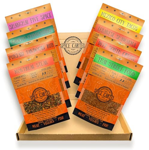 La scatola di selezione finale di Spice Cartel di 8 delle nostre miscele classiche. Pacchetto regalo per l'amante delle spezie nella tua vita! 8 miscele individuali.
