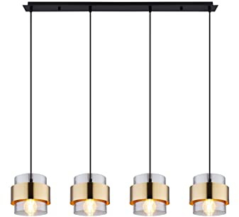 Globo LED Balkenpendelleuchte 4-flammig mit Rauchglas und Messingringen, 111cm