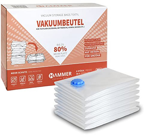 HAMMER Vakuumbeutel für Kleidung (6er Set, 3x 100x80 cm, 3x 80x60 cm) BPA frei, Aufbewahrungsbeutel für Reisen, Umzüge, Zuhause, wiederverwendbar, Vacuum Bags Clothing