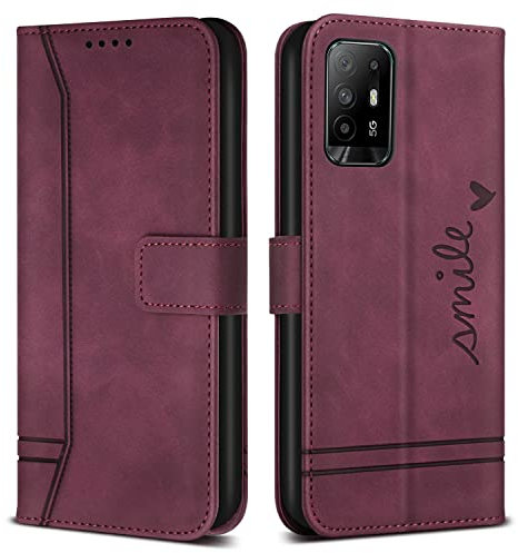 Bravoday Cover per Oppo A94 5G / Oppo A95 5G / Oppo F19 PRO + 5G / Oppo RENO5 Z 5G, Flip Custodia in Pelle PU Portafoglio Custodia per Oppo A94 5G / Oppo A95 5G, con Slot per Schede, Vino Rosso