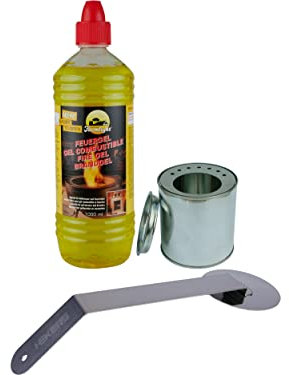 HEKERS Starter set – 1 gel combustibile da 1 l – 1 barattolo di ricarica con coperchio e piastra di risparmio – 1 tappo per fiamma – Camino in gel da tavolo per interni ed esterni