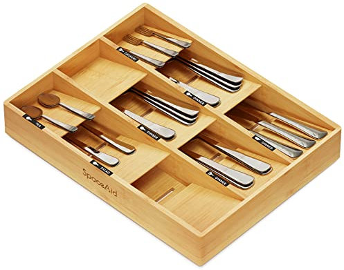 SpaceAid Organizador de cajones de cubiertos de bambú con etiquetas, bandeja para utensilios de cocina, organizador para cubiertos, cubiertos, cucharas y cuchillos (natural, 9 ranuras)