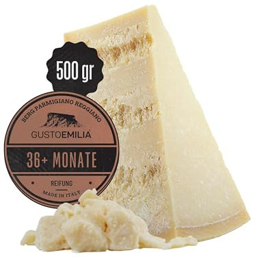 GUSTOEMILIA Berg-Parmigiano Reggiano Käse 36 Monate gereift - Ideal für Pasta, Brot, Salate, Snacks und Früchte - Italienischer gereifter Parmesan Käse 1,1 lb (500g)