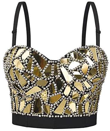 New Organic Glass Nail Drill Bra Wear Stage Performance Clothes Vest Bra Top Wireless Bras Gold