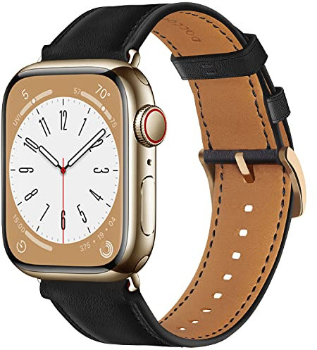 Docco Jette Correa de cuero compatible con Apple Watch Band 49mm,45mm,44mm,42mm(Noir-Gold)