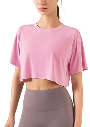 Damen Fitness Trainieren Crop-Tops Kurzarm Yoga T-Shirts Sportlich Betrieb Sport-Shirts Rosa S