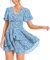 PCEAIIH Women's Cocktail Dresses Short Sleeve Empire Skater Dress Deep V-Neck Waist Tie Ruffle Mini Swing Dresses 2XL Floral Blue