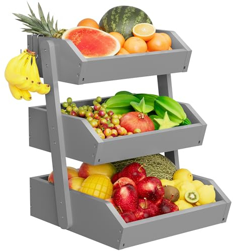 Hellojin Bambus-Obstkorb mit 3 Etagen für Theke, große Kapazität, Obstaufbewahrung, Obsthalter, Speisekammer-Organizer und Aufbewahrung, Küchen-Arbeitsplatten-Organizer mit 2 Bananenaufhängern (grau)