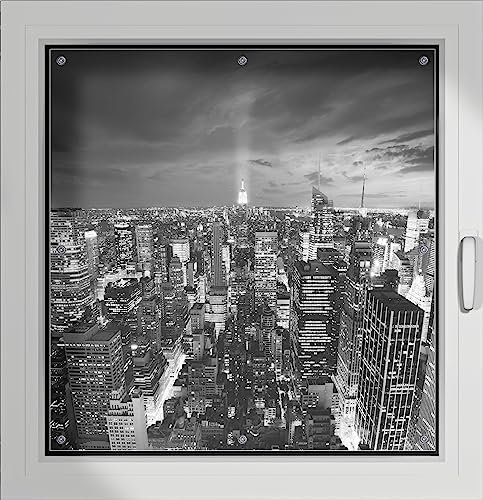 Wallario Lichtschutzbild, Dekorativer Sichtschutz Sonnenschutz 96 x 93 cm mit Motiv: New York bei Nacht - Panoramablick über die Stadt - schwarzweiß - Verdunklungsrollo ohne Bohren