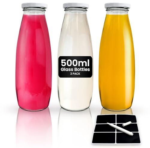 volila Glass Milk Bottles with Lids - 3 Pack x 500ml Glass Bottles with Lids, Labels, and Pen - Reusable Milk Bottle for Juices, Dressings, Sauces, Beverages, Decoration and Storage (White Lid)