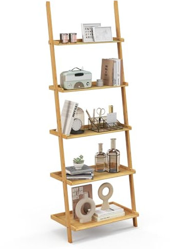 COSTWAY Leiterregal Bambus, Standregal mit 5 Ebenen, Küchenregal 65 x 36 x 183 cm, Wandlehnregal mit Kippsicherung, Jede Stufe bis 10 kg belastbar, für Bad, Wohnzimmer (65 x 36 x 183 cm)
