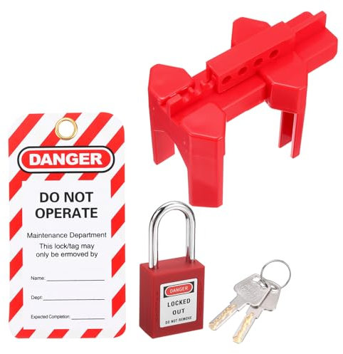 PATIKIL Blocco Valvola a Sfera, Dispositivo di Blocco Valvola a Sfera Rubinetto Esterno, Blocco Sicurezza Maniglie Valvole 1 a 2-1/2 Diametro con Lucchetto Etichetta, Rosso