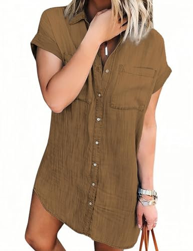 Zilcremo Jeanskleid Damen Sommer Kurzarm Button Down Kurz Denim Kleid Blusenkleid Hemdkleid Sommerkleid Braun L